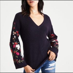 Dark blue American Eagle Sweater Floral Sleeves